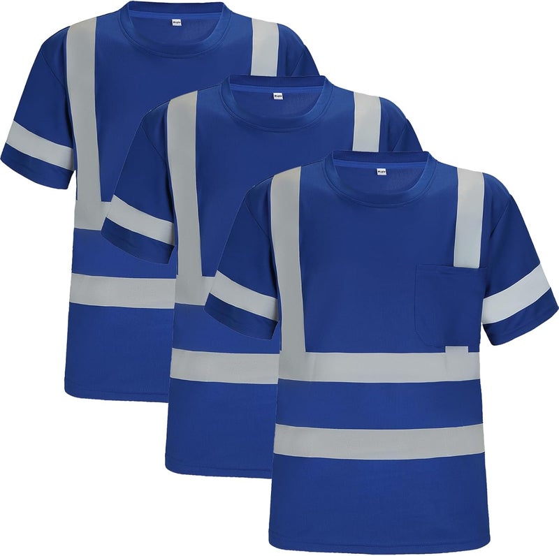 Wuple Store Safety Shirts for Men Construction Short Sleeve Quick Dry with Pocket Workwear, Class 3 High Visibility Shirts with Reflective Strips Blue M 3PCS - Image 2